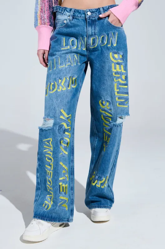 JETSETTER EMBROIDERY WIDE LEG JEANS sold by AKIRA