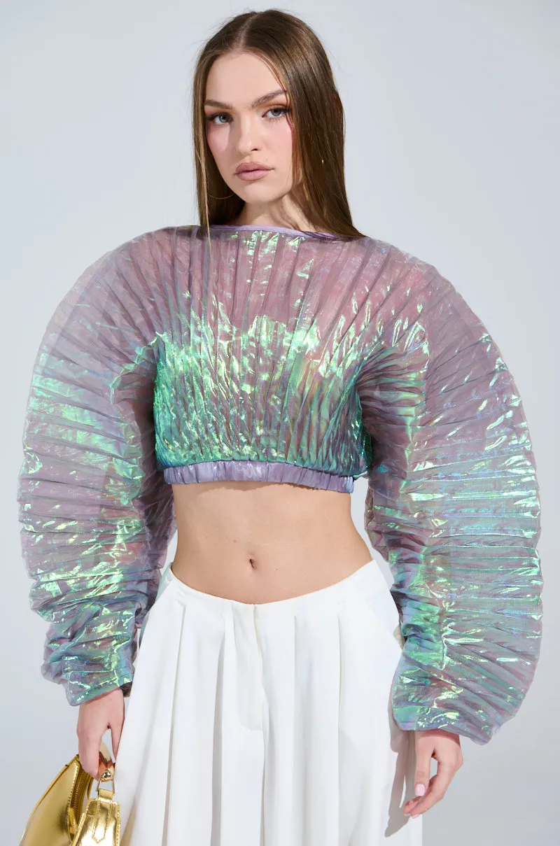 LARA PLEATED IRIDESCENT CROP TOP sold by AKIRA