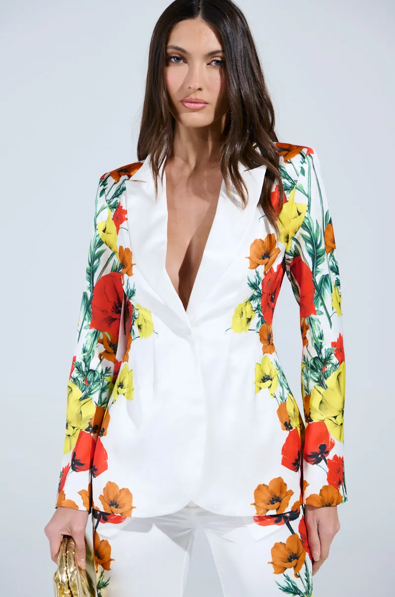 MIND MY OWN FLORAL SATIN BLAZER sold by AKIRA
