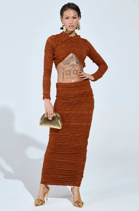 MAYBE NEXT TIME RUCHED MAXI SKIRT IN BROWN sold by AKIRA