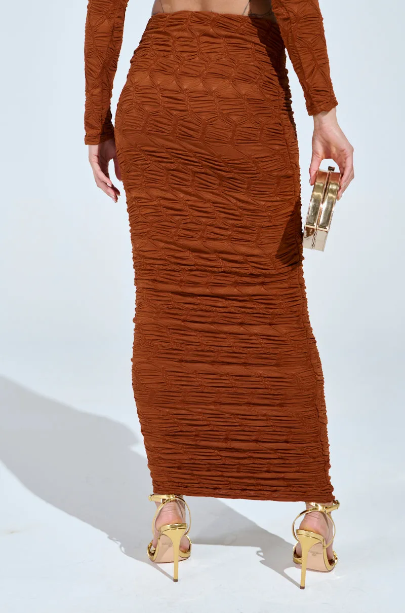 MAYBE NEXT TIME RUCHED MAXI SKIRT IN BROWN sold by AKIRA product image thumbnail 5