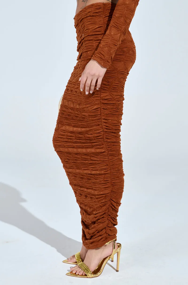 MAYBE NEXT TIME RUCHED MAXI SKIRT IN BROWN sold by AKIRA product image thumbnail 4