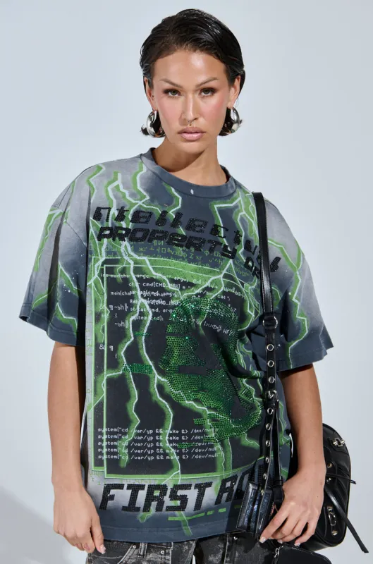 FIRST ONE HERE OVERSIZED GRAPHIC TEE sold by AKIRA