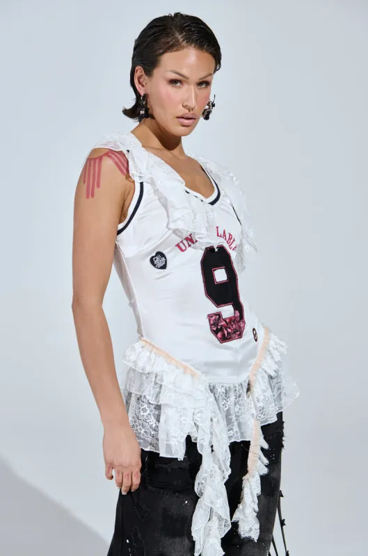 PLAY WITH MY HEART RUFFLE JERSEY sold by AKIRA