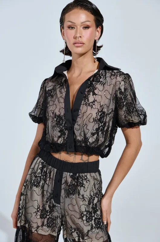 SHINE ON YOU LACE BUTTON DOWN TOP sold by AKIRA