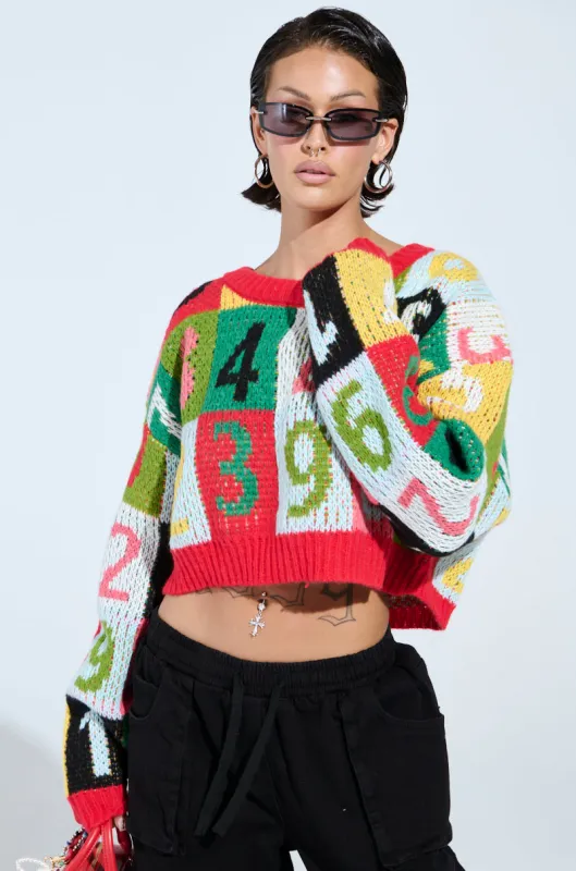 TOO MANY NUMBERS SWEATER sold by AKIRA