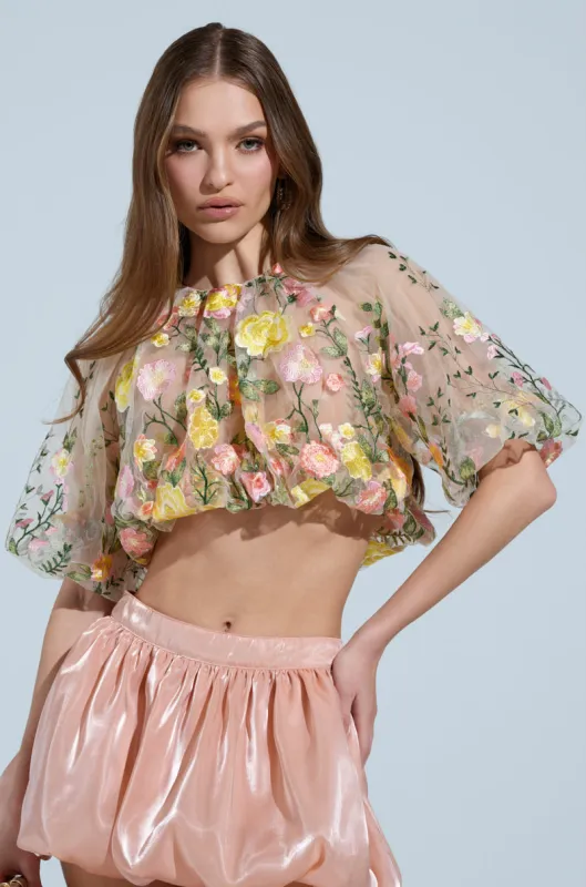 GARDEN PARTY FLORAL EMBROIDERY TULLE TOP sold by AKIRA