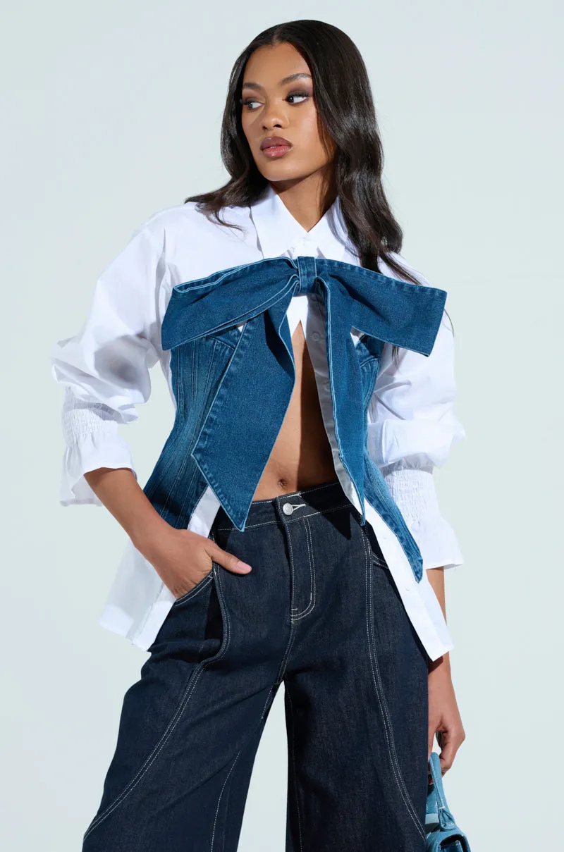 JULIE DENIM BOW BUTTON DOWN sold by AKIRA product image thumbnail 2