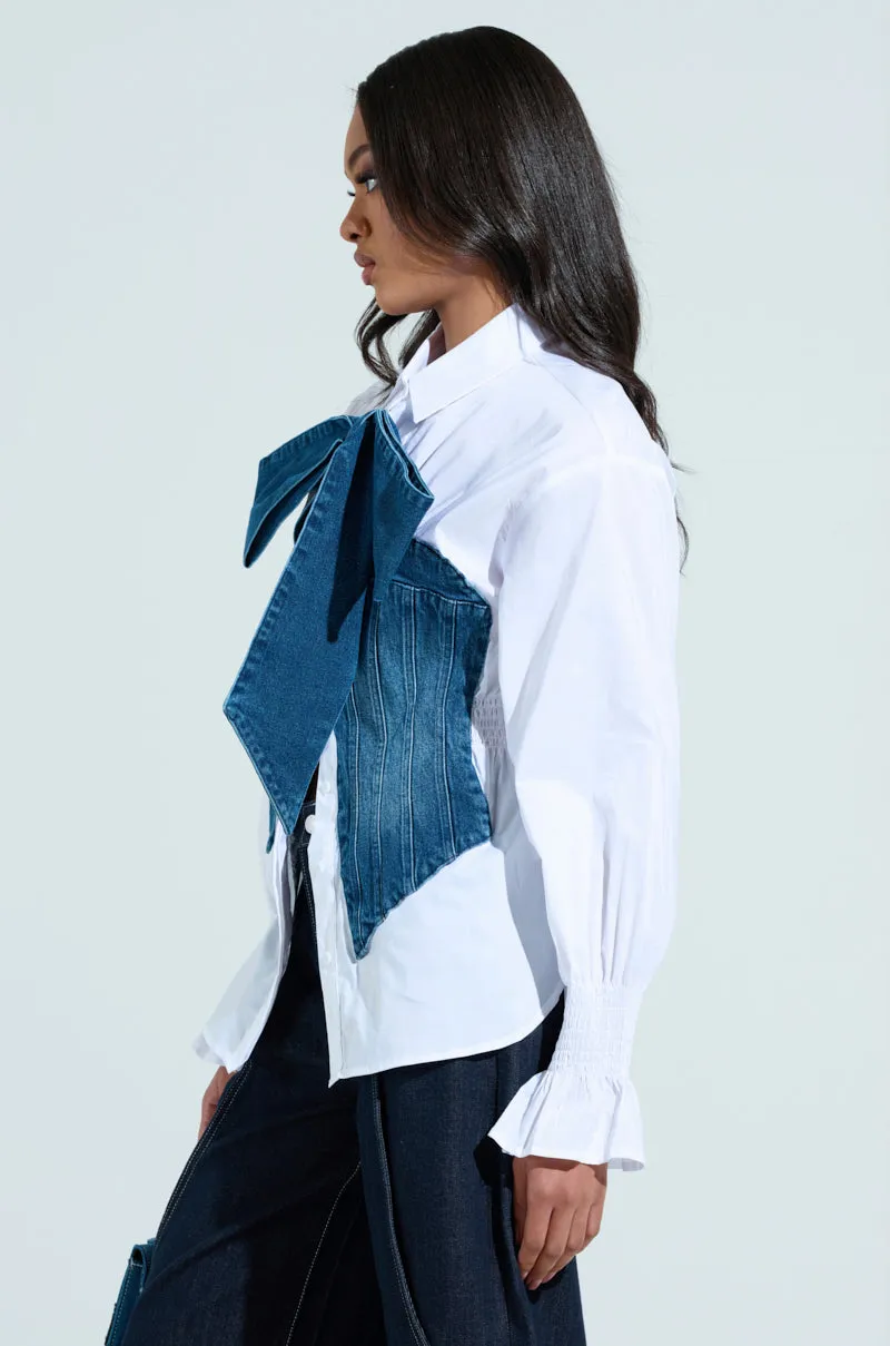 JULIE DENIM BOW BUTTON DOWN sold by AKIRA product image thumbnail 4