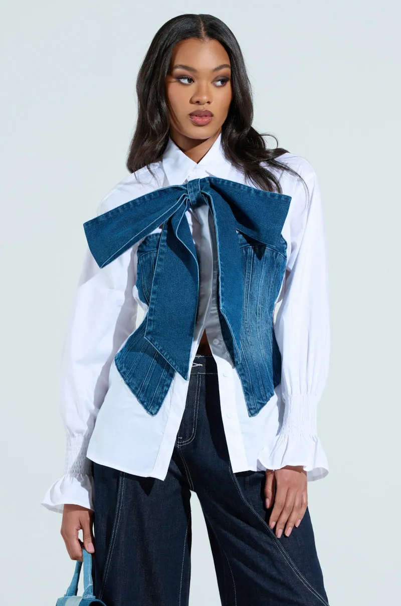 JULIE DENIM BOW BUTTON DOWN sold by AKIRA product image thumbnail 3