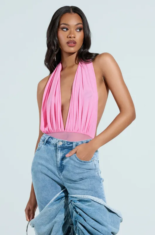 PAXTON SEXY RUCHED PLUNGE MESH HALTER BODYSUIT IN PINK sold by AKIRA