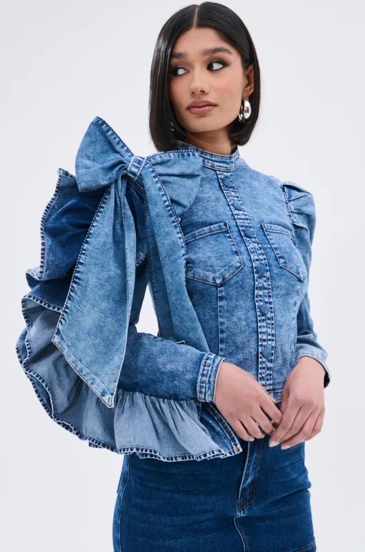 SEIZE THE DAY LONG SLEEVE FLOUNCE MEDIUM BLUE DENIM TOP sold by AKIRA