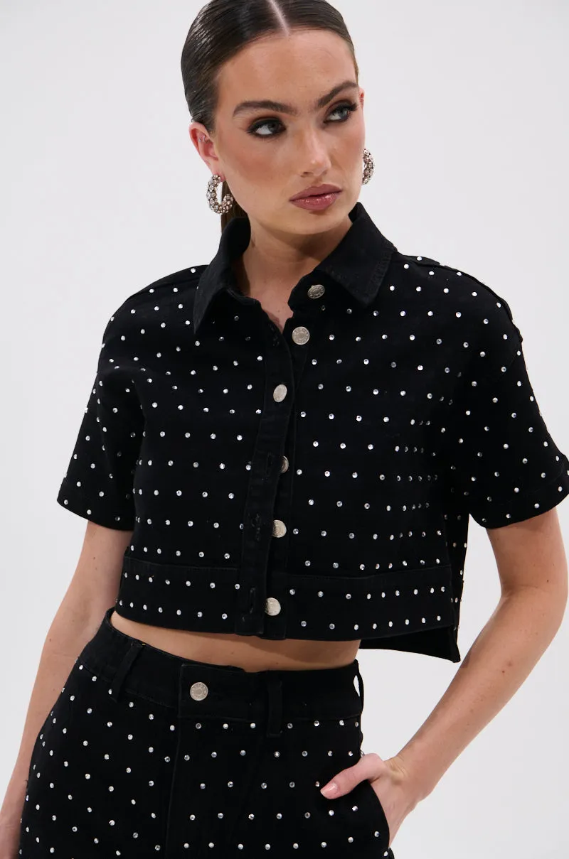 ITS GIVING DENIM RHINESTONE BUTTON DOWN sold by AKIRA