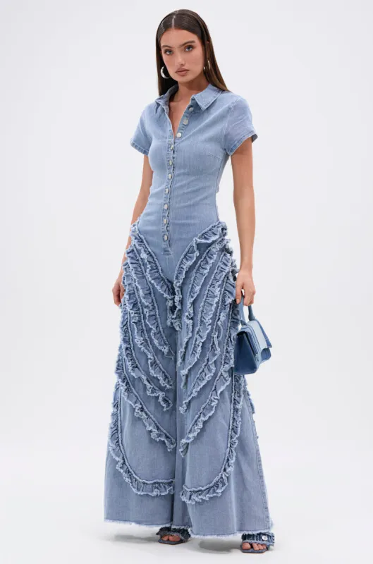 LEAVE IT RUFFLED JUMPSUIT IN DENIM sold by AKIRA