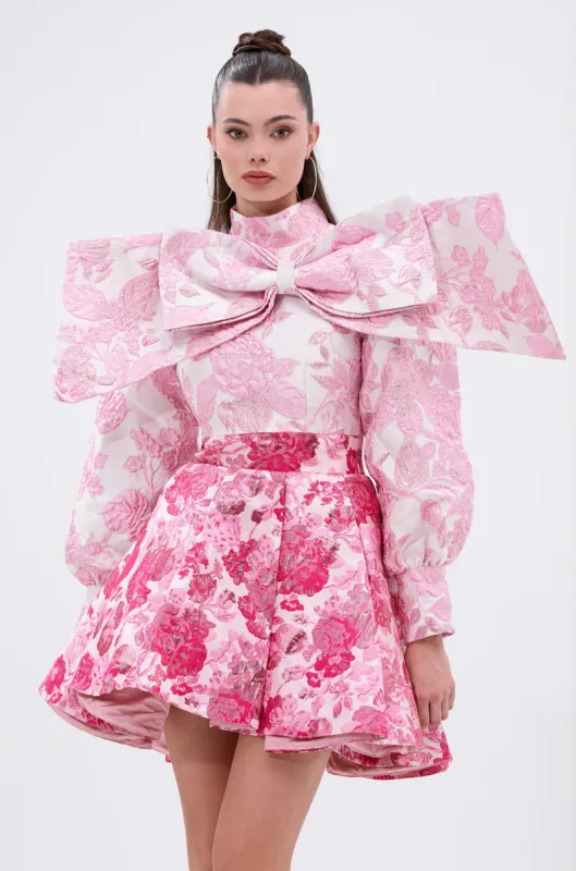 RENAISSANCE TWO-TONE BROCADE MINI DRESS IN PINK sold by AKIRA