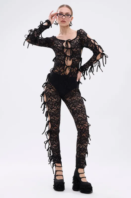 BADDIE ALERT LACE JUMPSUIT WITH TIES sold by AKIRA