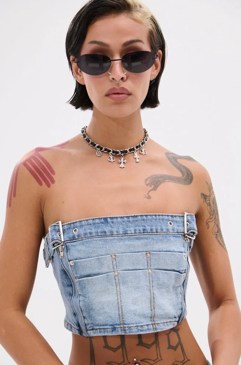 ASHLIN DENIM TUBE TOP sold by AKIRA