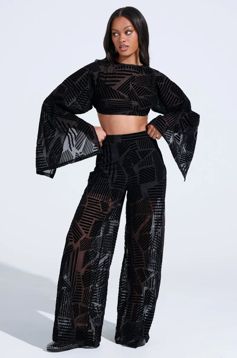 HAVING REGRETS ABOUT YOU SEE THROUGH PALAZZO PANT sold by AKIRA
