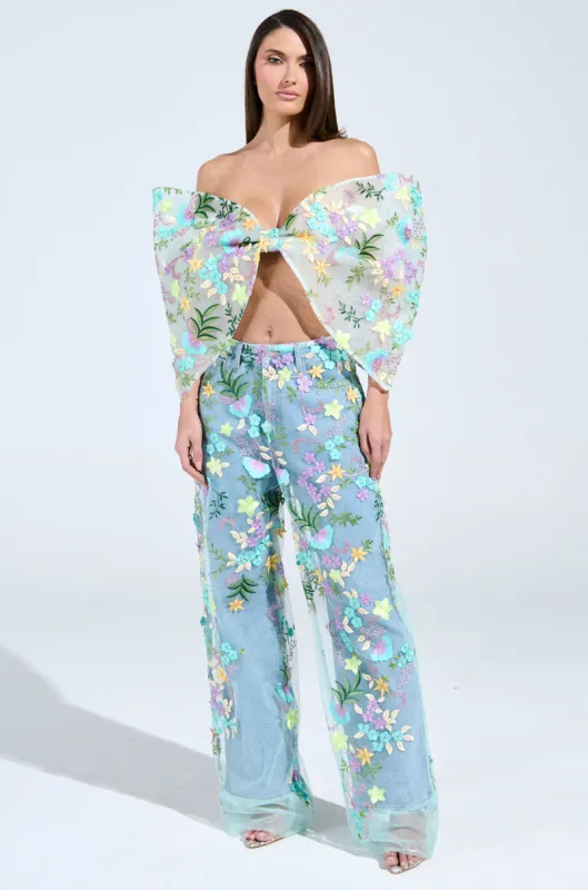 GARDENIA DENIM WITH FLORAL TULLE WIDE LEG JEANS sold by AKIRA