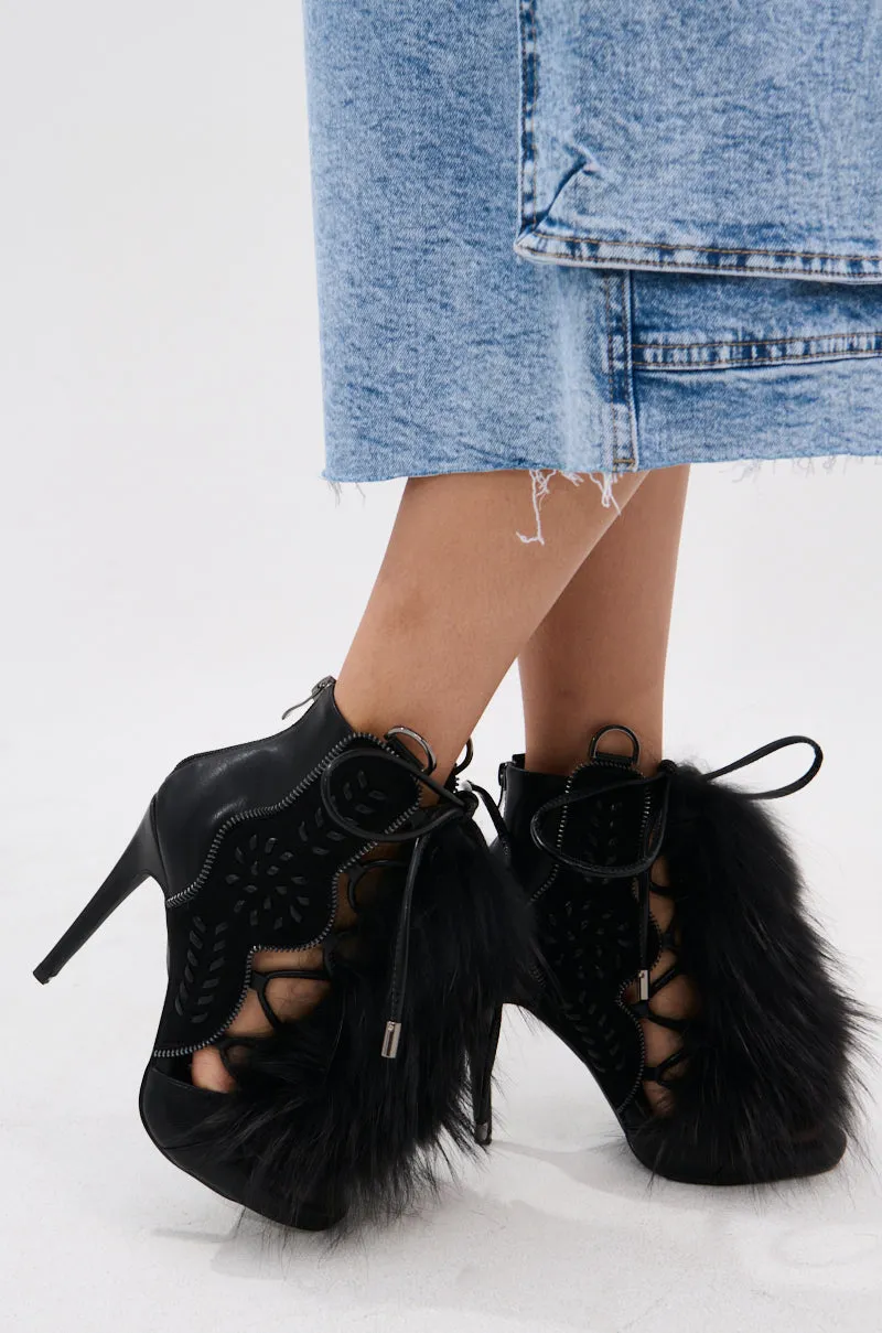 AZALEA WANG SHAINY BLACK FUR SANDAL sold by AKIRA