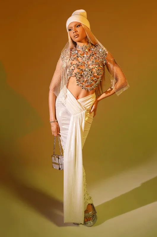 ALL OF THE GLAMOUR SLINKY MAXI SKIRT IN WHITE sold by AKIRA