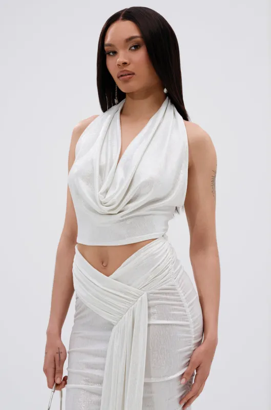 ALL OF THE GLAMOUR SLINKY HALTER NECK TOP IN WHITE sold by AKIRA