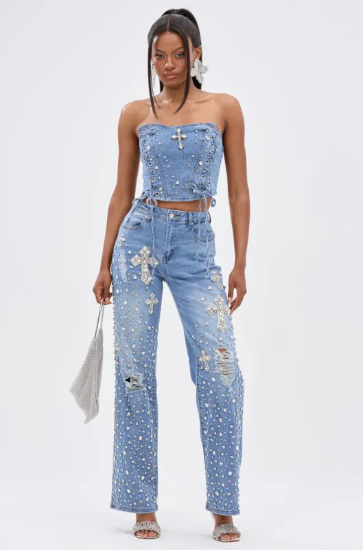 FEELING GRATEFUL RHINESTONE RELAXED DENIM sold by AKIRA