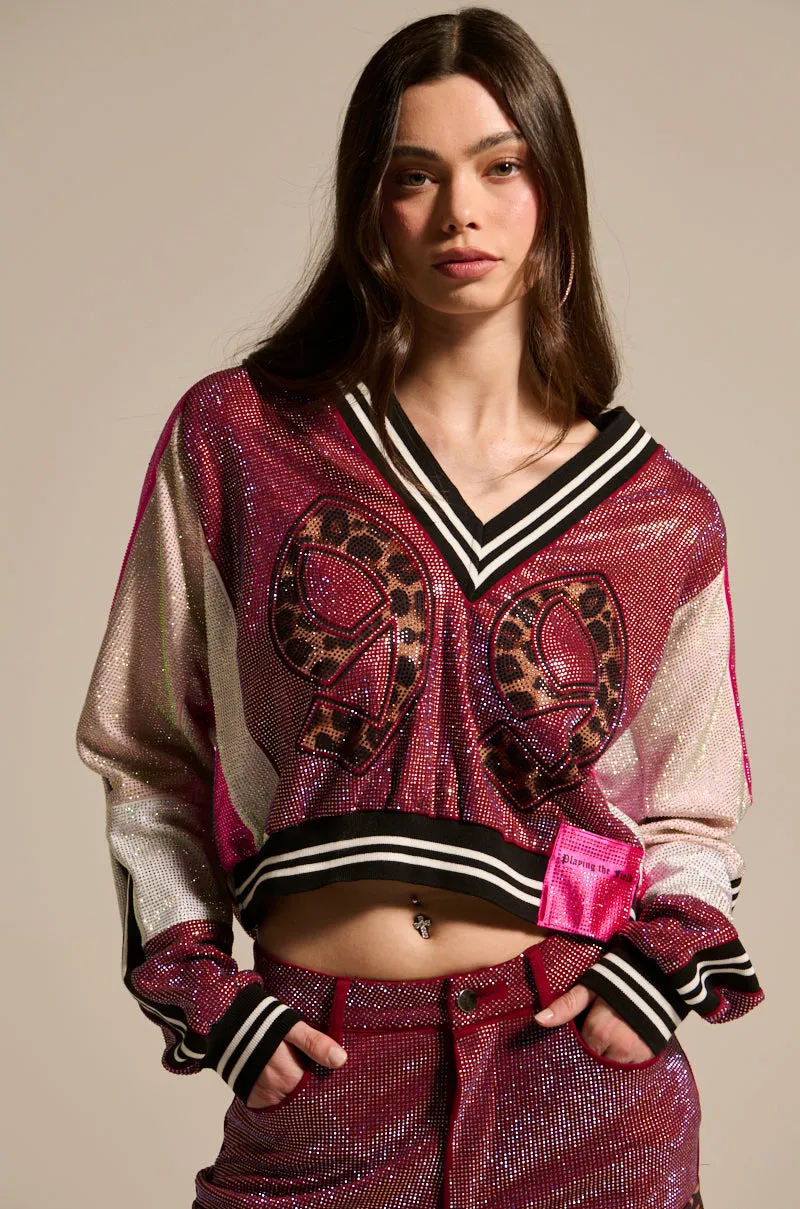 ONLY THE COOLEST RHINESTONE JERSEY SWEATSHIRT sold by AKIRA