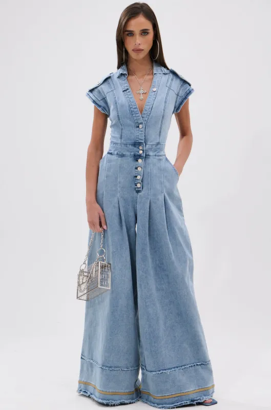 AT LEAST I LOOK CUTE DENIM JUMPSUIT sold by AKIRA