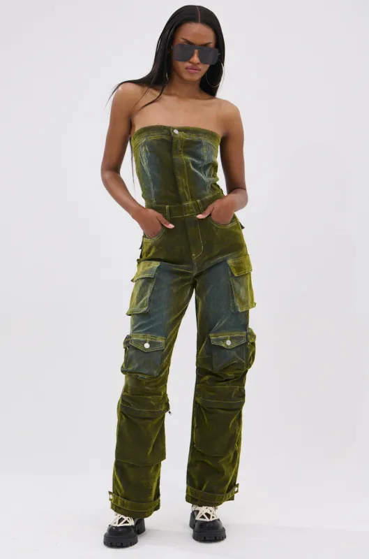 MIRA DISTRESSED VELVET DENIM JUMPSUIT sold by AKIRA
