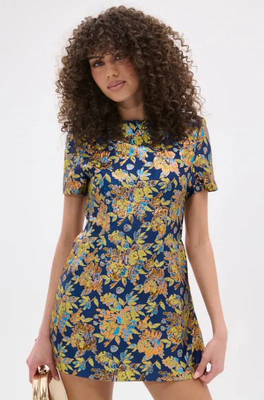 BLUE IS THE NEW BLACK BROCADE MINI DRESS sold by AKIRA