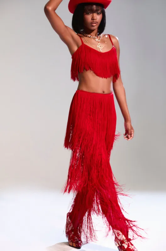 OH SO FRINGE PANTS IN RED made by AKIRA
