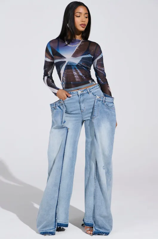 SEEING DOUBLE DECONSTRUCTED DENIM JEANS sold by AKIRA