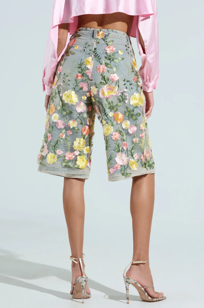 GARDEN PARTY STRETCH DENIM WITH FLORAL TULLE BERMUDA SHORTS sold by AKIRA product image thumbnail 5