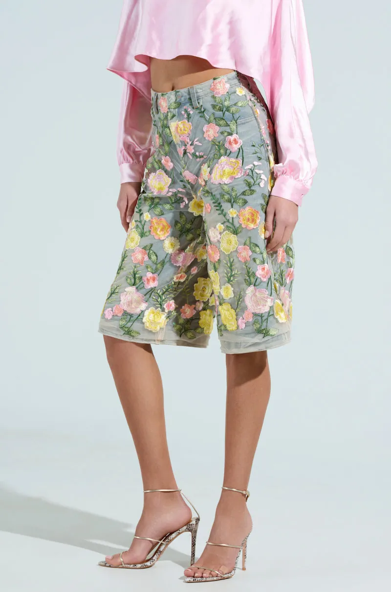 GARDEN PARTY STRETCH DENIM WITH FLORAL TULLE BERMUDA SHORTS sold by AKIRA product image thumbnail 4