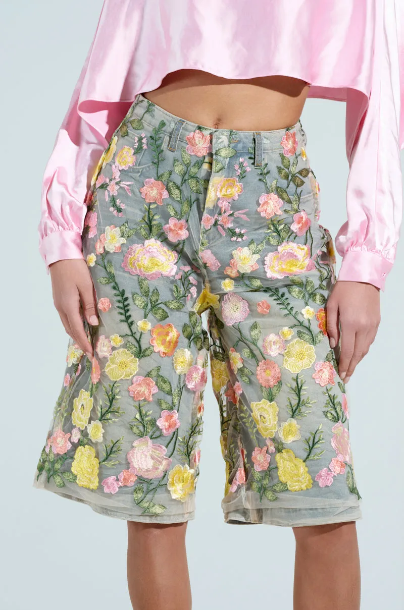 GARDEN PARTY STRETCH DENIM WITH FLORAL TULLE BERMUDA SHORTS sold by AKIRA