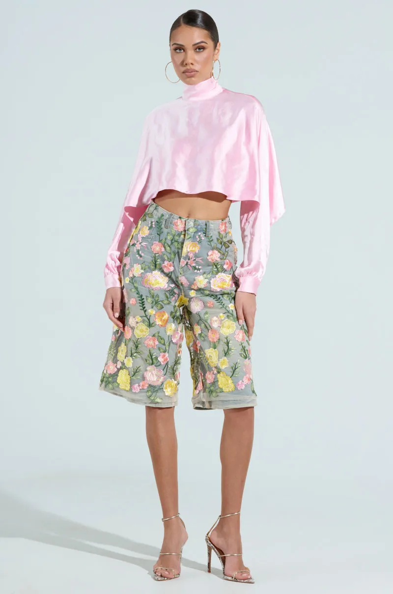 GARDEN PARTY STRETCH DENIM WITH FLORAL TULLE BERMUDA SHORTS sold by AKIRA product image thumbnail 3