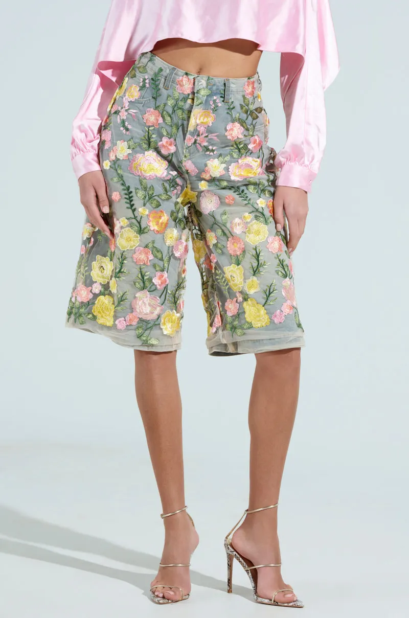 GARDEN PARTY STRETCH DENIM WITH FLORAL TULLE BERMUDA SHORTS sold by AKIRA product image thumbnail 2