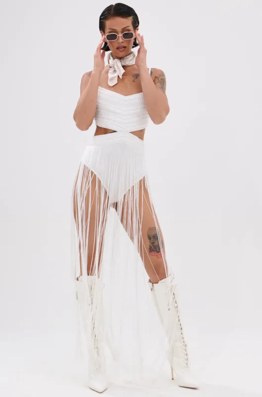 RODEO READY FRINGE MAXI DRESS IN WHITE sold by AKIRA
