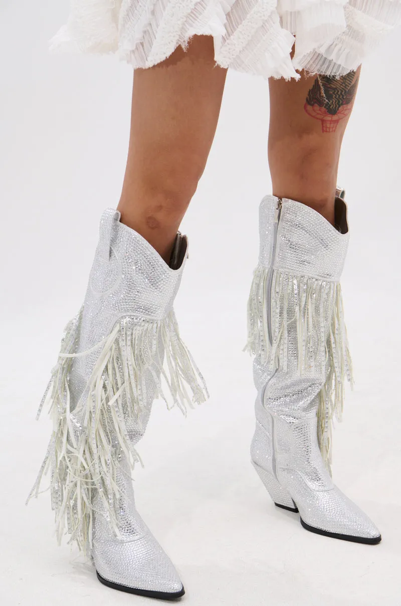 AZALEA WANG BENNETTO SILVER RHINESTONE WESTERN BOOT sold by AKIRA