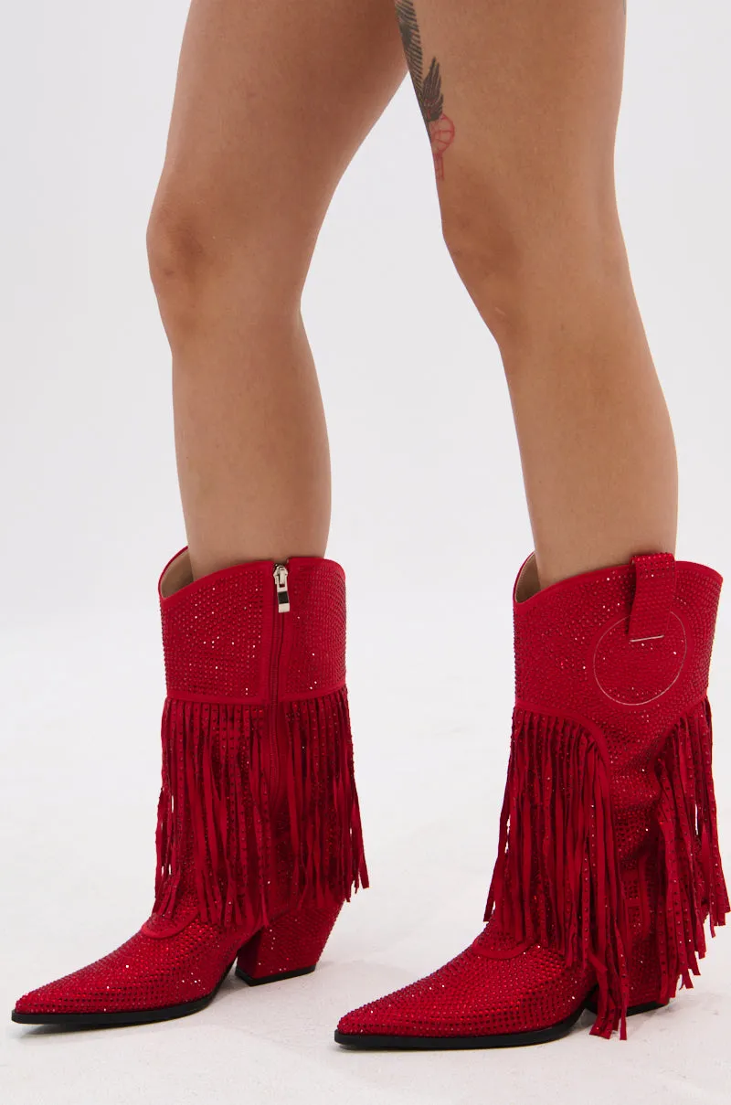 AZALEA WANG GREIA RED RHINESTONE COWBOY BOOTIE sold by AKIRA