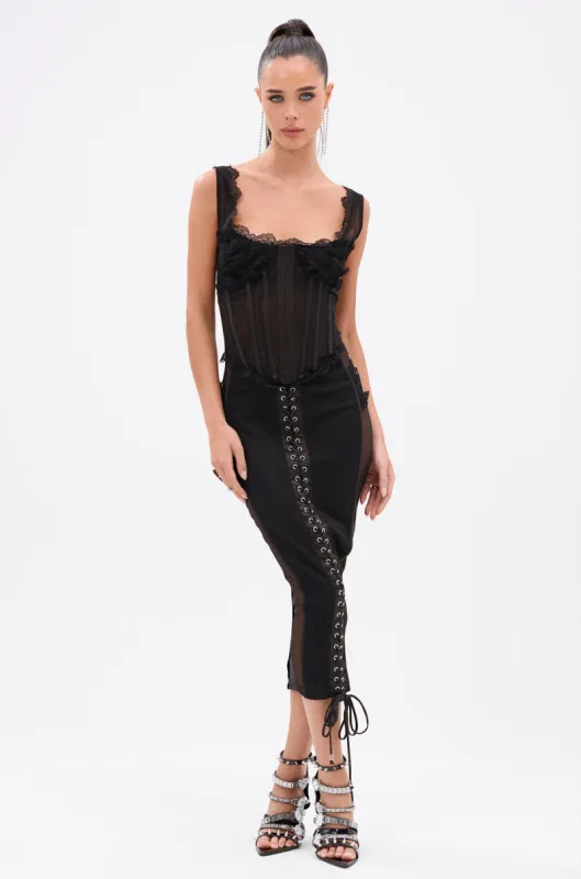 LET ME REMIND YOU LACE UP MESH MIDI DRESS sold by AKIRA