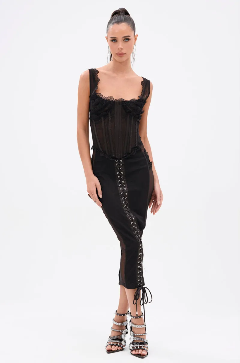 LET ME REMIND YOU LACE UP MESH MIDI DRESS sold by AKIRA