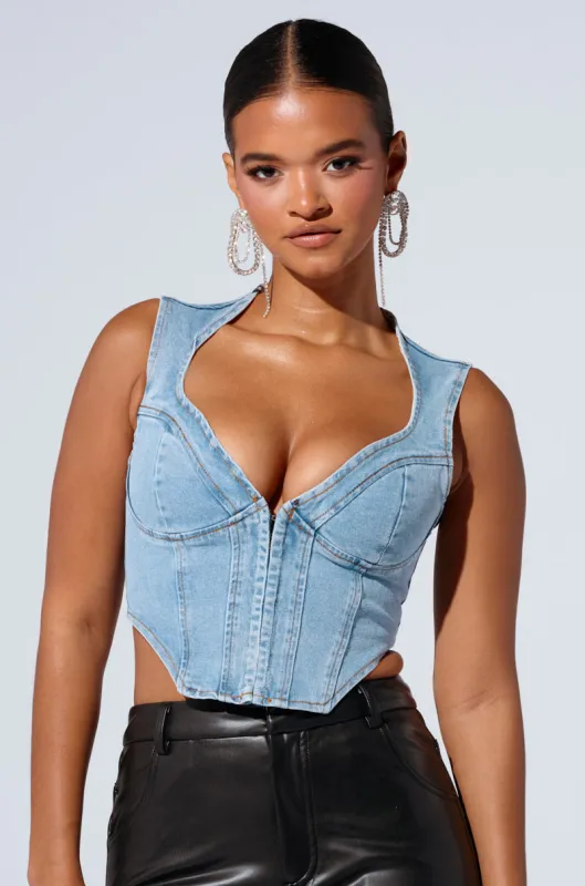 AYLA DENIM CORSET sold by AKIRA