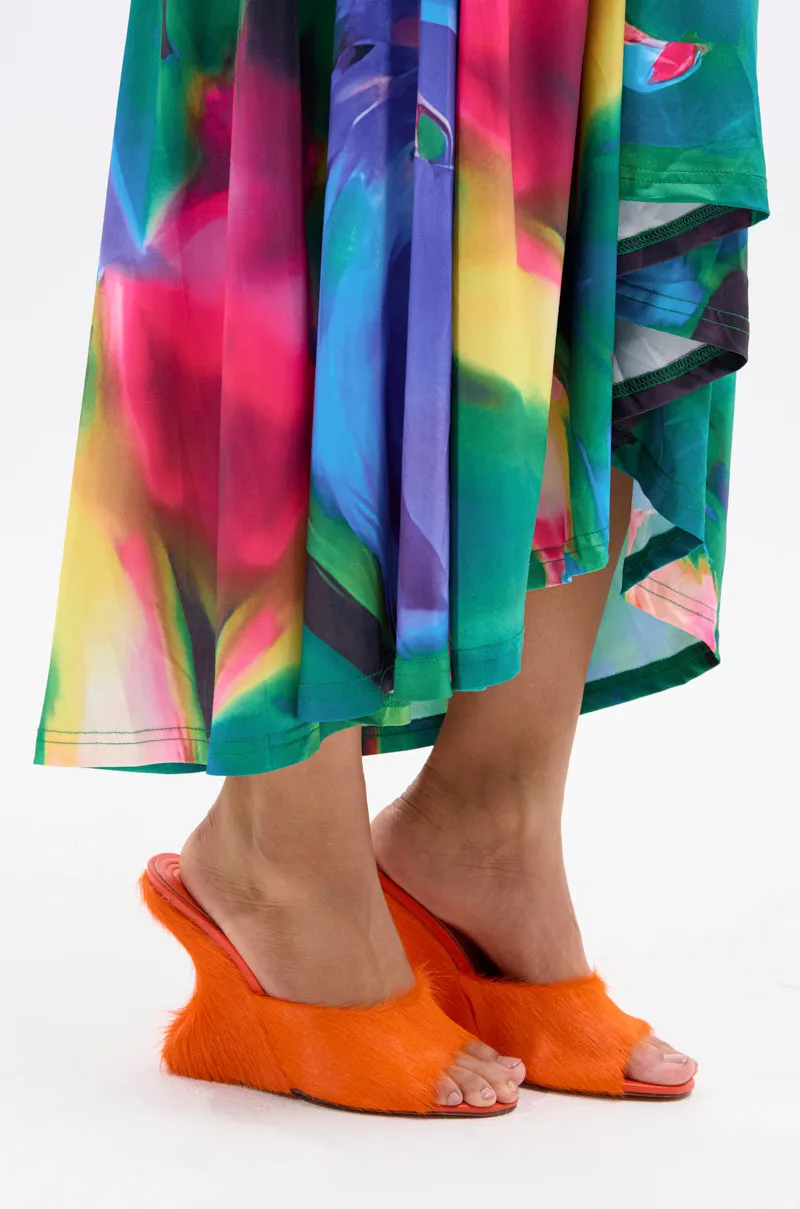 AZALEA WANG VASA ORANGE FURRY WEDGE SANDAL sold by AKIRA