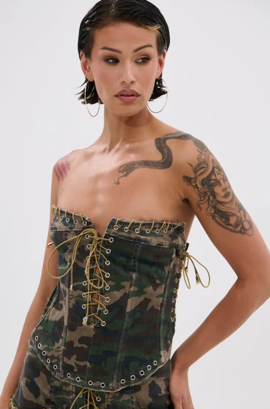 DOWN AND DIRTY CAMO CORSET sold by AKIRA