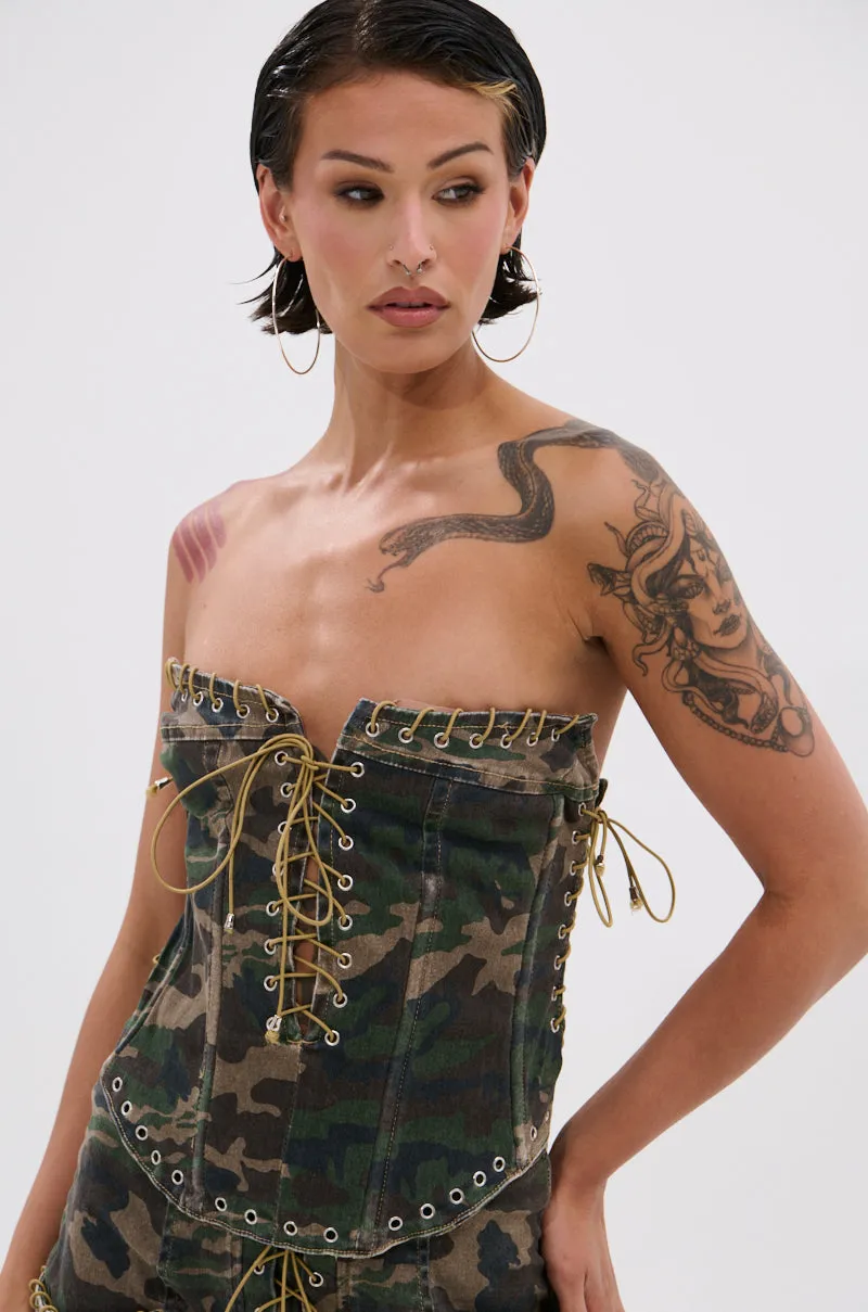 DOWN AND DIRTY CAMO CORSET sold by AKIRA