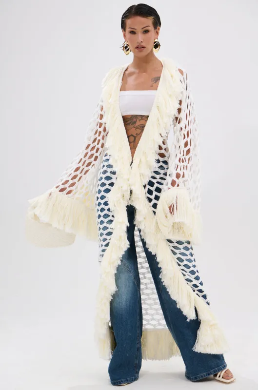 BORN LIKE THIS FRINGE DETAIL LONG CARDIGAN sold by AKIRA