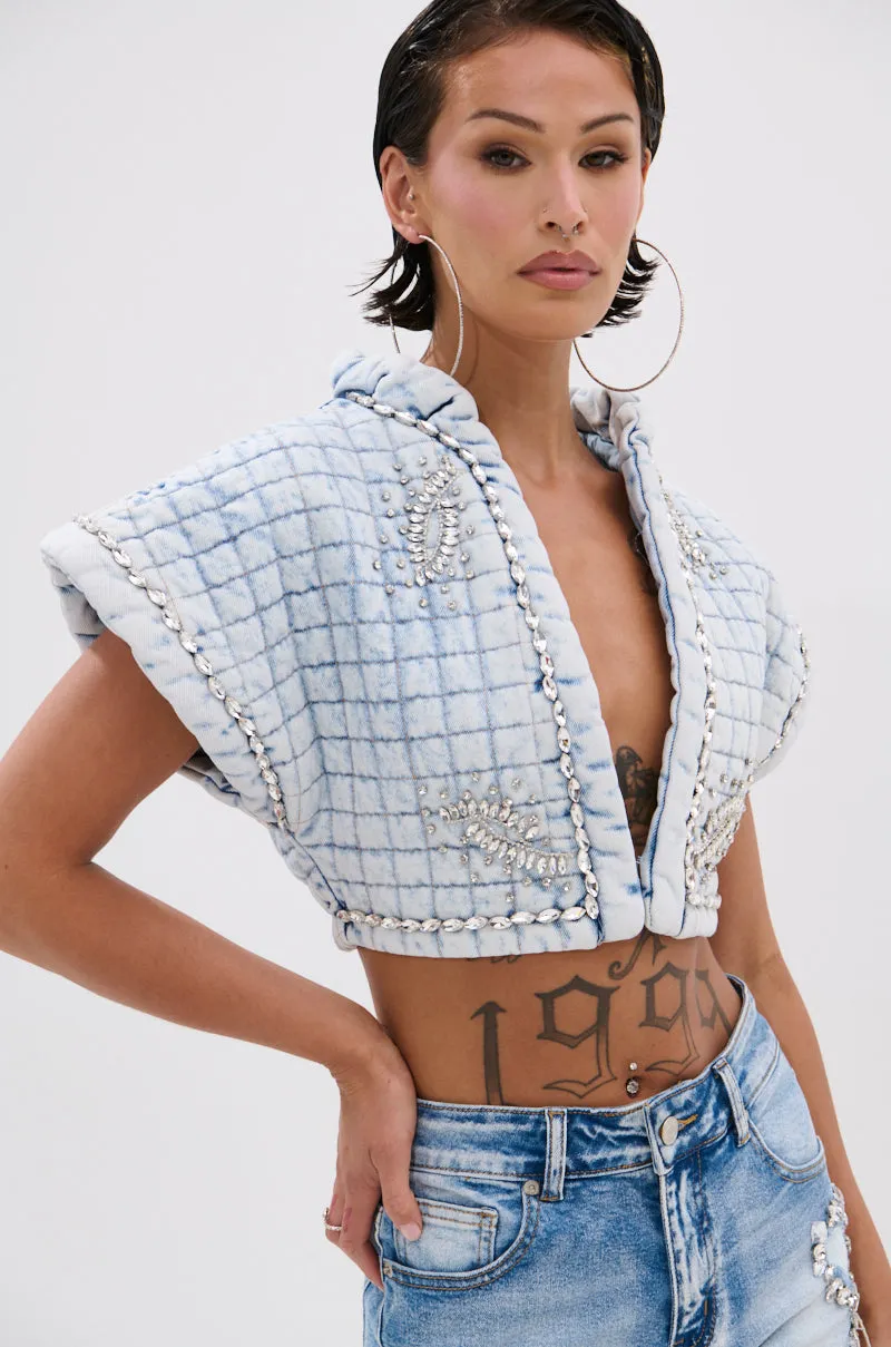 MY OWN ENERGY CROP DENIM BLOUSE sold by AKIRA