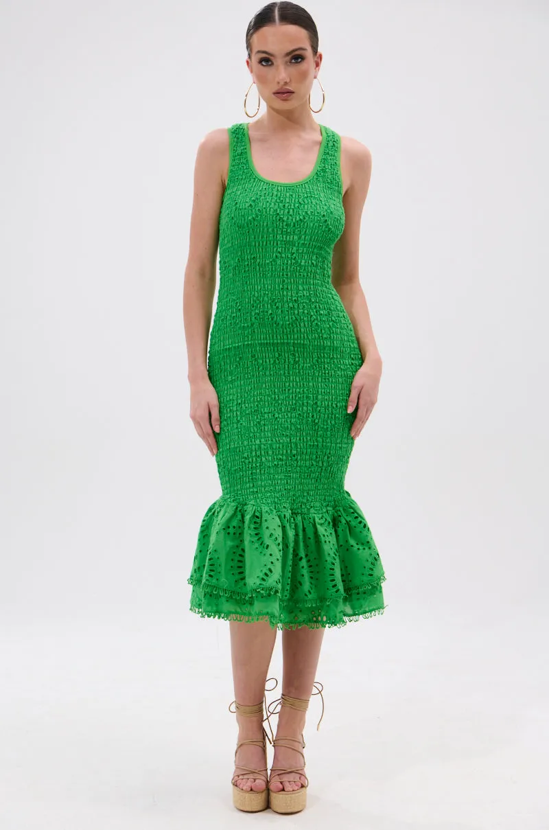 LET'S GO TO THE BEACH RUFFLE MIDI DRESS IN GREEN sold by AKIRA